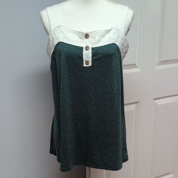 no brand Tops - Heathered Green White Crochet Trim Wide Strap Elastic Fit Back Top Size XXL